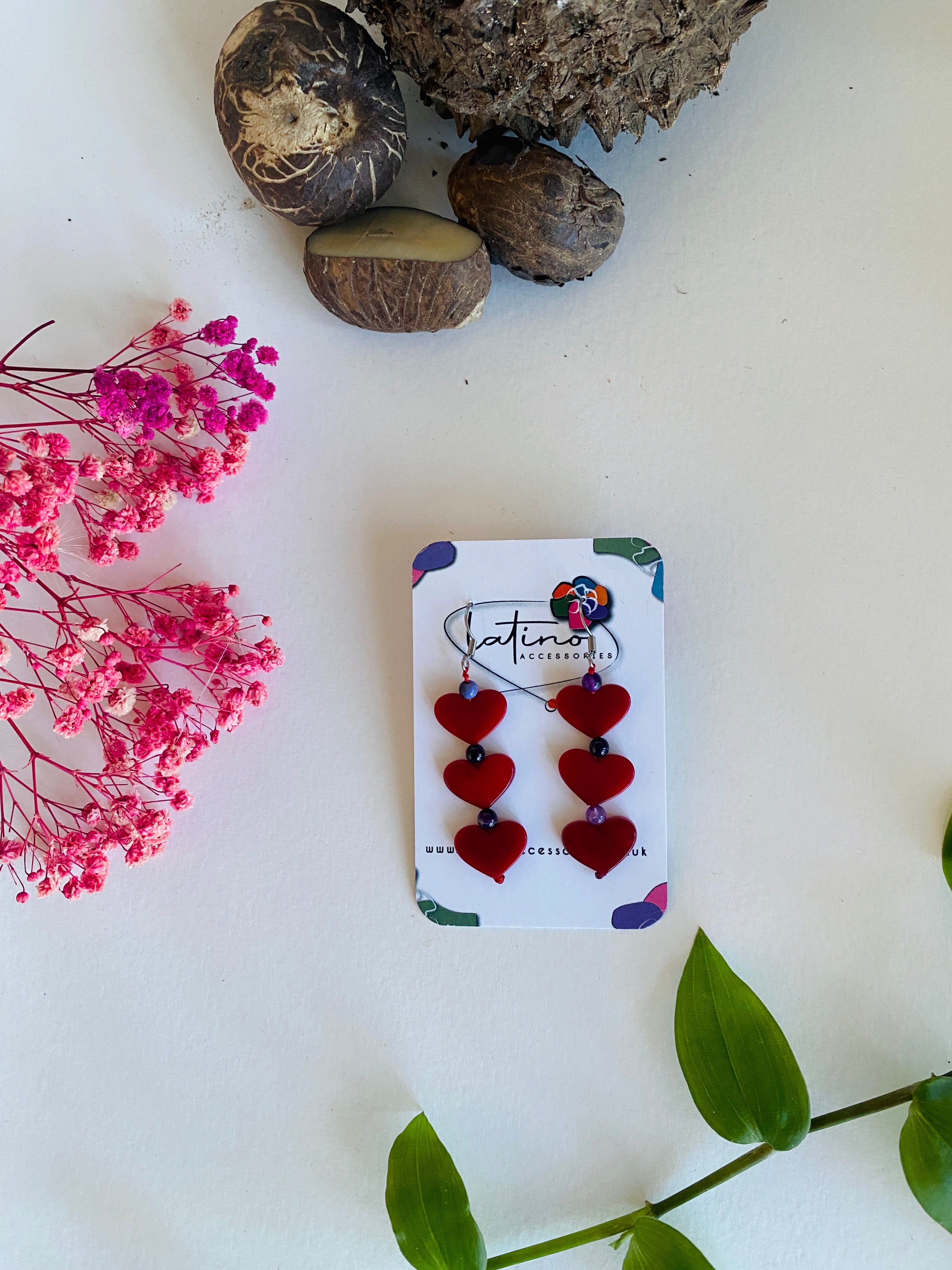 Three Hearts Tagua Earrings - Red